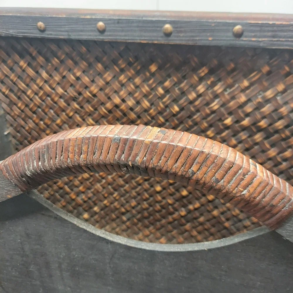 Large Wood Woven Wicker Ratan Magazine Rack Brown Metal Studded Floor Caddy